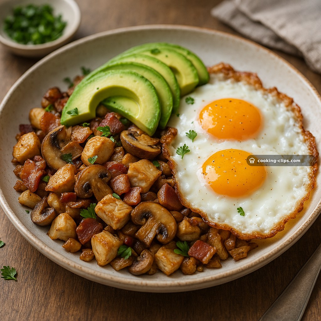 Bacon & Mushroom Chicken Hash with Avocado and Crispy-Edged Eggs