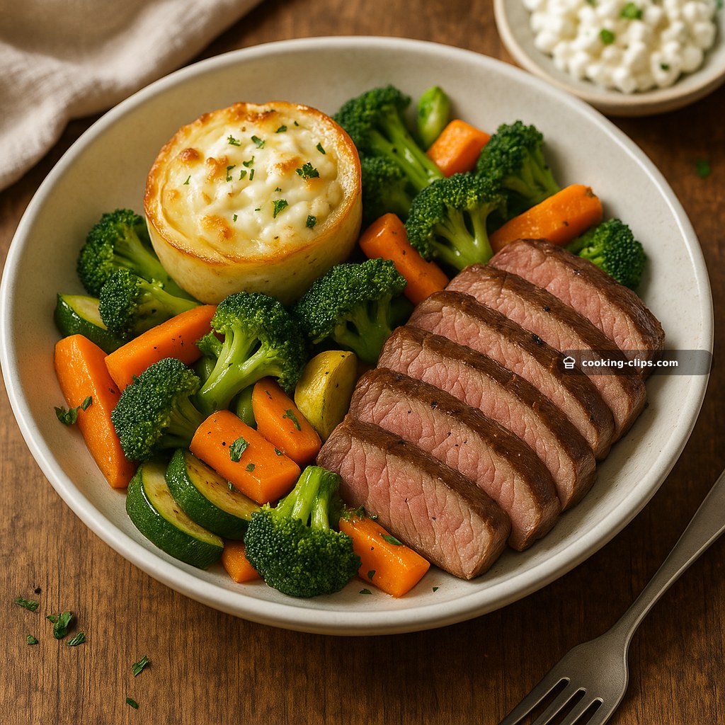 Tender Steak & Seasonal Veggie Bowl with Light Cottage Cheese Potato Bake — Dinner recipe