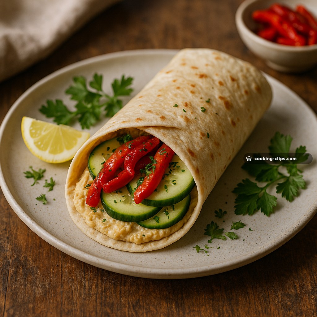 Mediterranean Hummus Wrap with Cucumber & Roasted Red Peppers