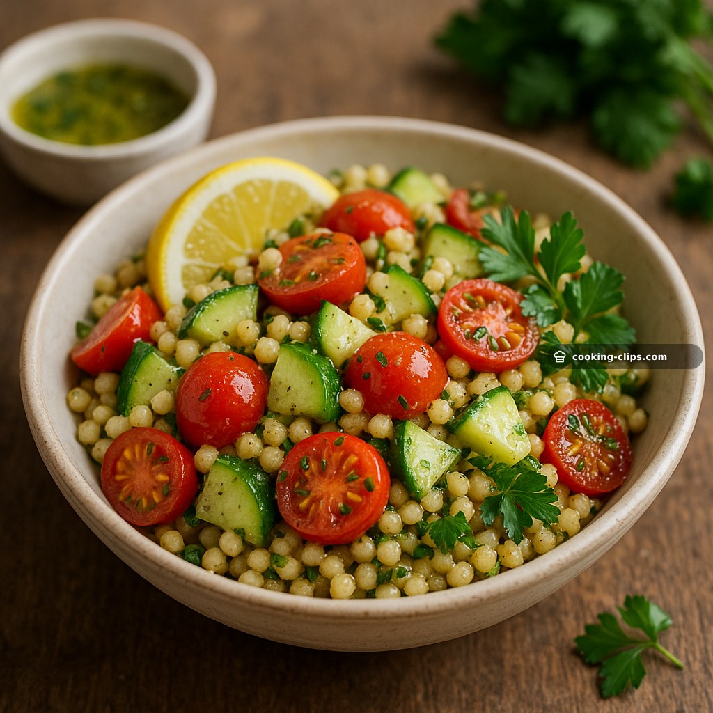 Mediterranean Couscous Salad with Cherry Tomatoes, Cucumber & Lemon-Herb Dressing