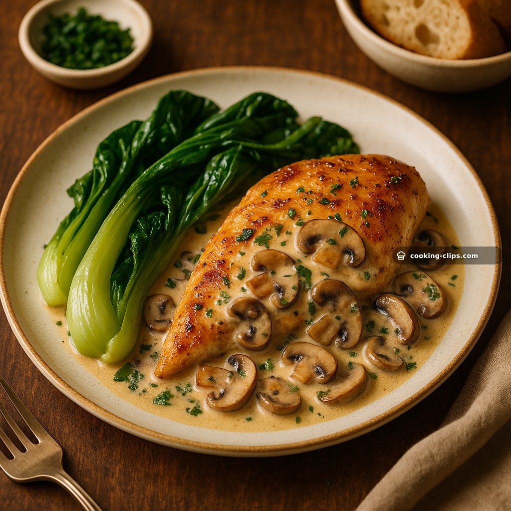 Poulet aux Champignons, Sauce Crème au Vin Blanc (with Garlicky Bok Choy) — Dinner recipe