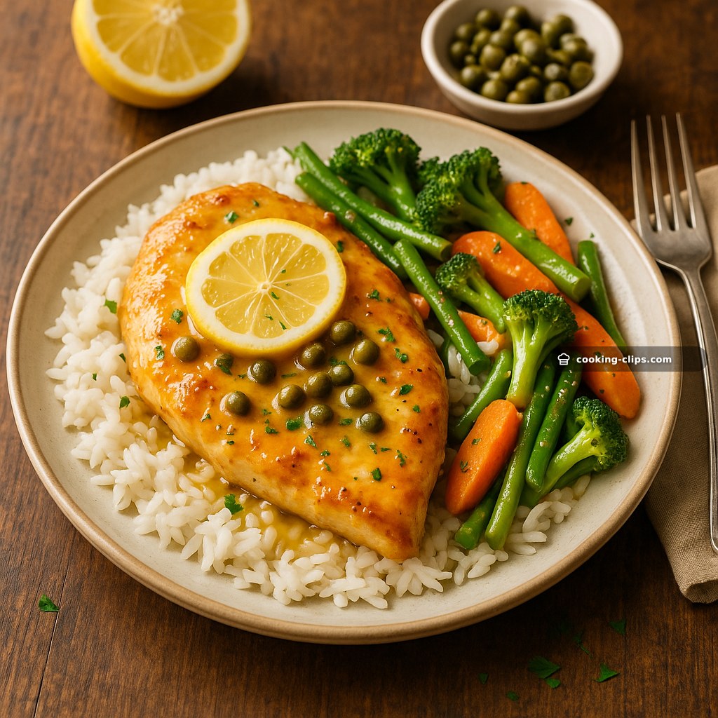 Lemon Caper Chicken with Garlic Vegetables and Rice — Dinner recipe