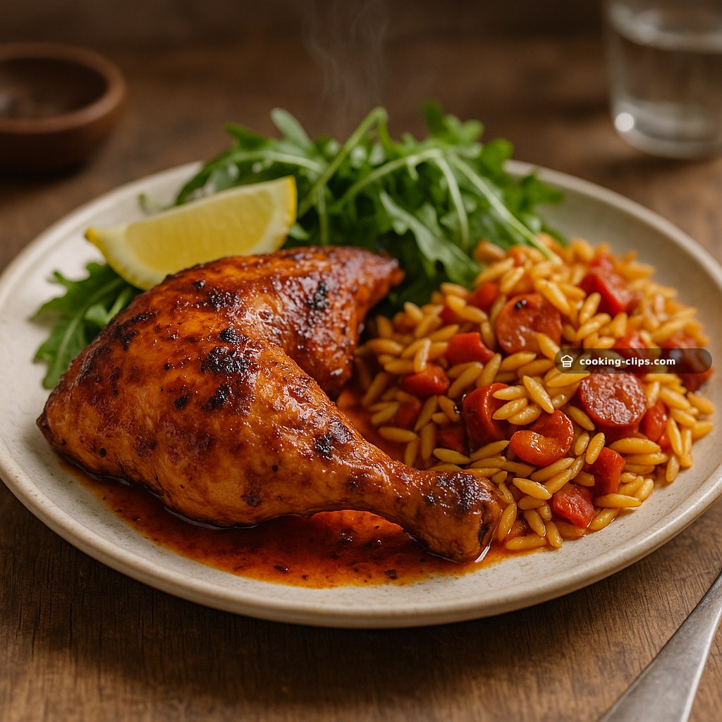 Portuguese Piri-Piri Chicken Quarters with Lemon Rocket Salad & Chorizo-Pepper Orzo — Dinner recipe
