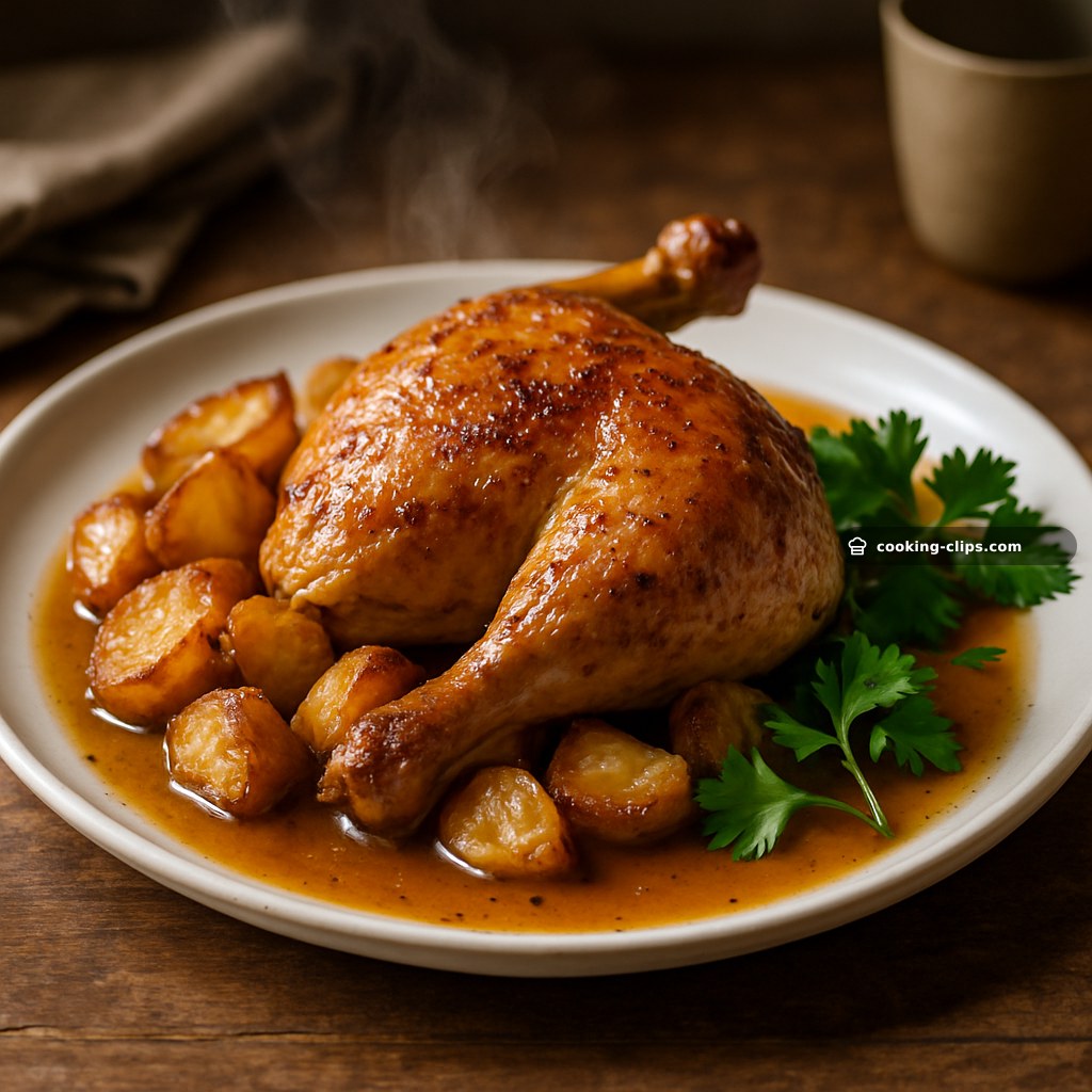 Stop-the-Press Roast Chicken with Crispy Potatoes & Garlicky Pan-Gravy — Dinner recipe