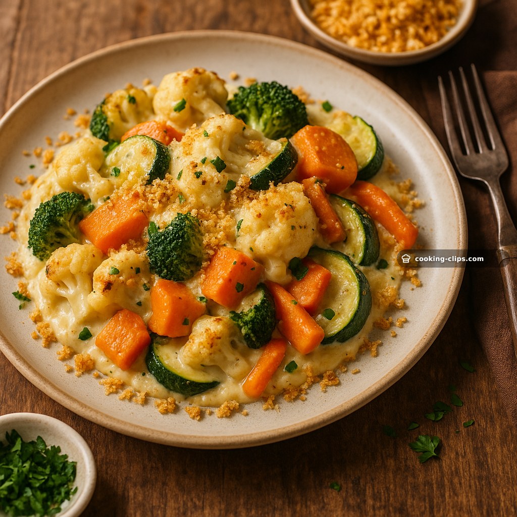 Roasted Vegetable Gratin with Dijon Cheesy White Sauce & Panko Crunch — Dinner recipe