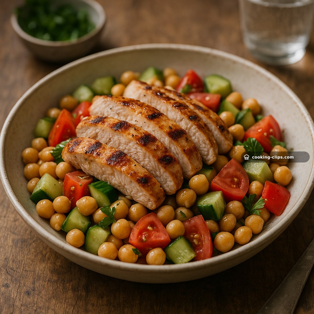 Salatat Hummus ma’ Dajaj Mashwi (Chickpea Salad with Grilled Chicken, Cucumber & Tomatoes) — Lunch recipe