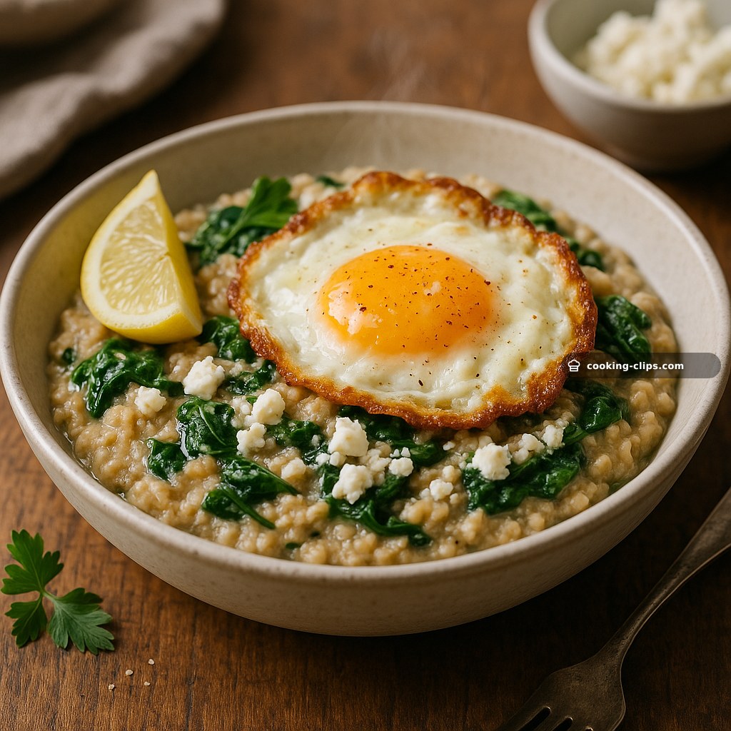 Savory Oatmeal with Spinach, Feta & Crispy Fried Egg