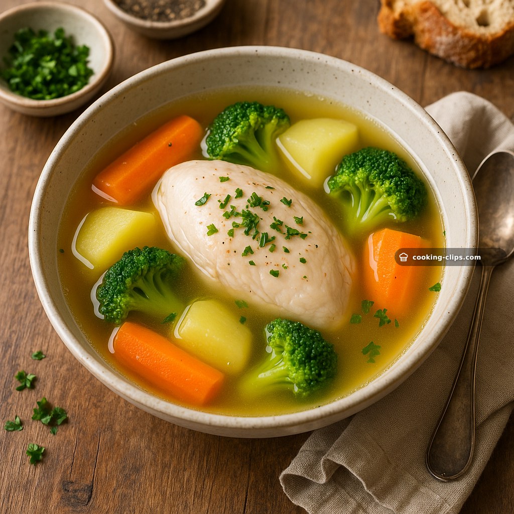Poached Chicken Broth Bowl with Soft Vegetables — Lunch recipe