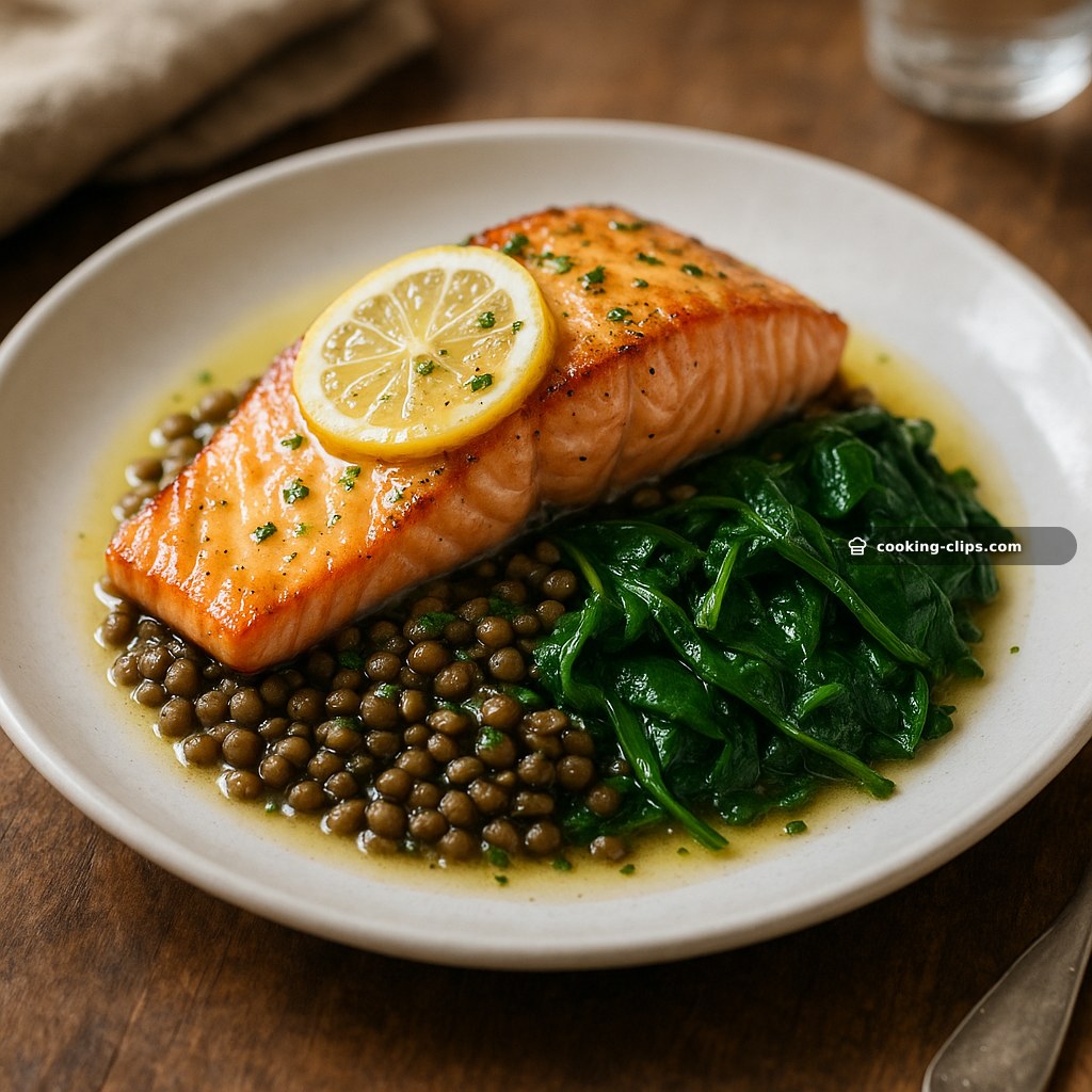 Saumon au Beurre Citronné, Lentilles Vertes & Épinards — Dinner recipe
