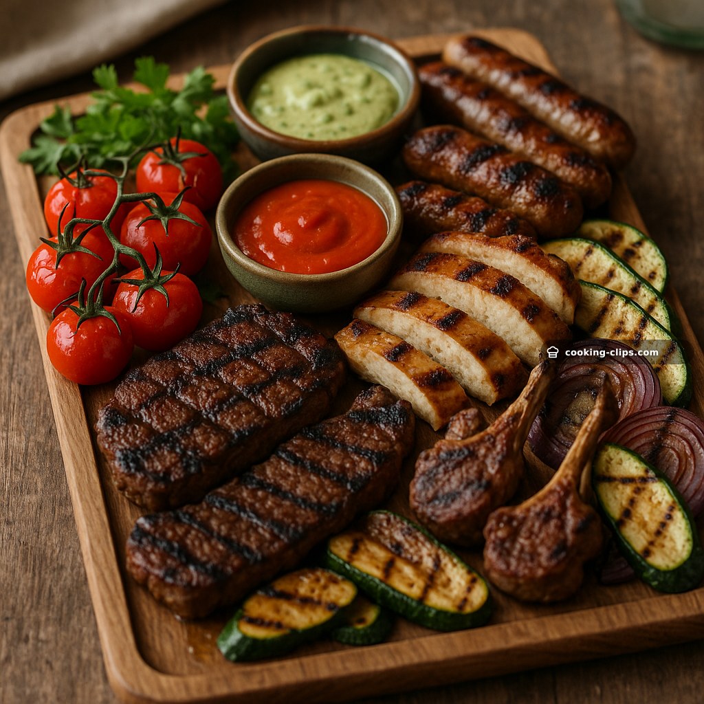 Mixed Grill Grazing Board with Three Sauces and Roasted Truss Tomatoes — Dinner recipe