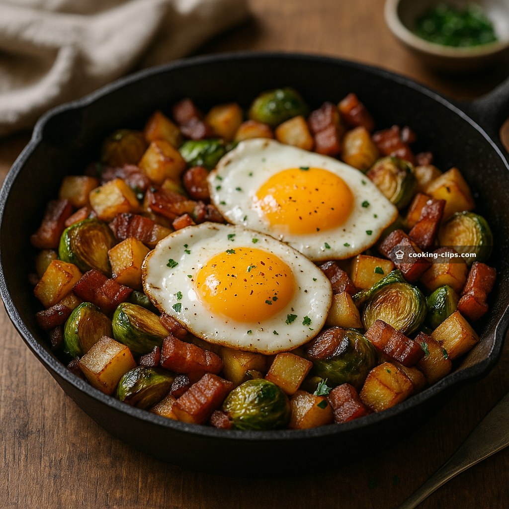 Brussels Sprout, Bacon & Potato Hash with Fried Eggs
