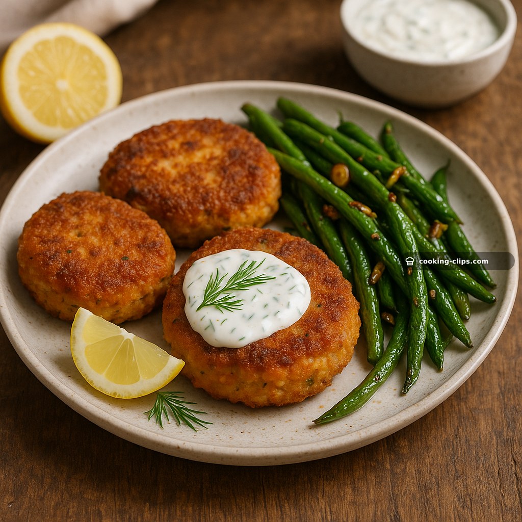 Salmon Croquettes with Lemon-Dill Yogurt Sauce & Garlic Sautéed Green Beans — Dinner recipe
