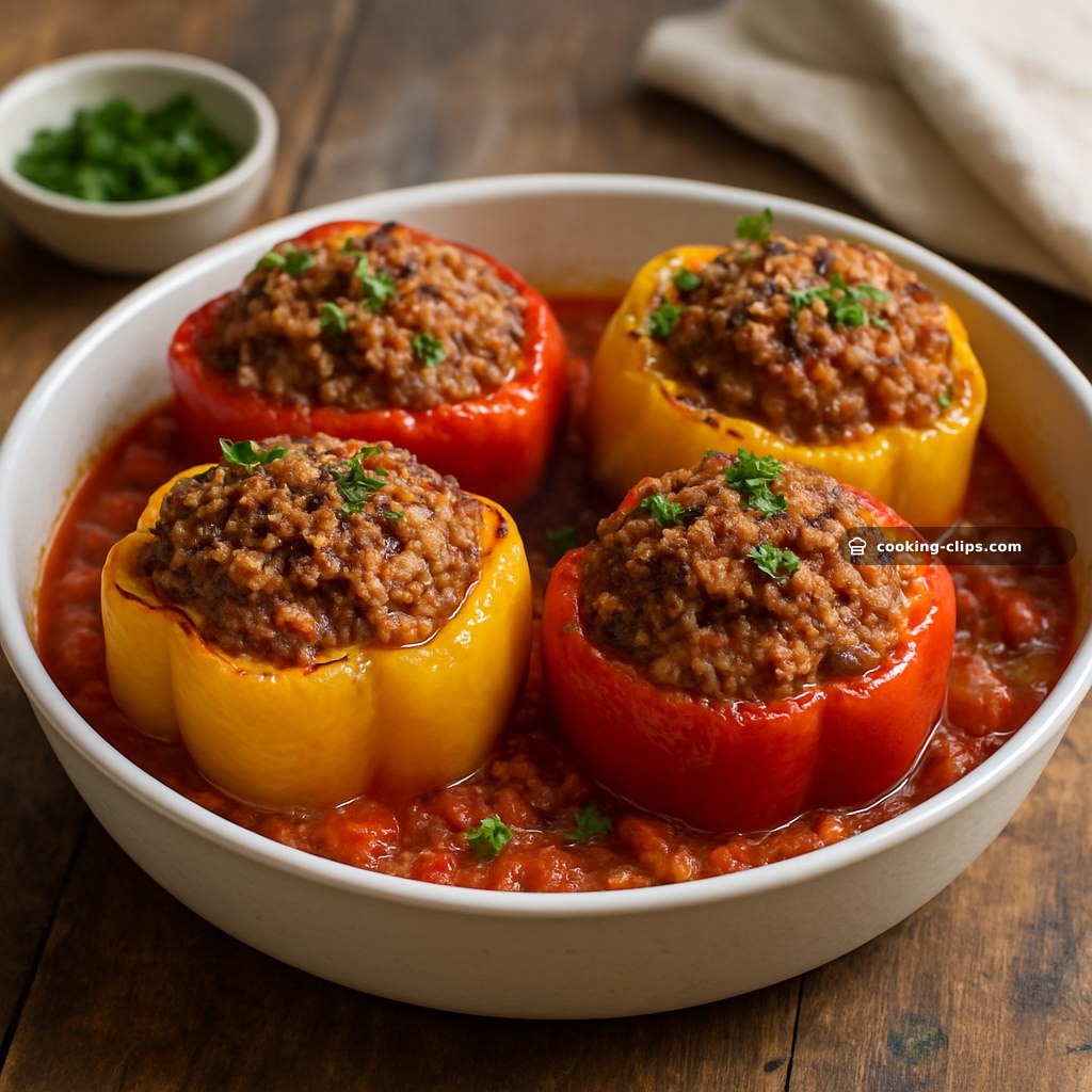Stuffed Bell Peppers with Ground Turkey, Quinoa & Veggie-Packed Tomato Sauce