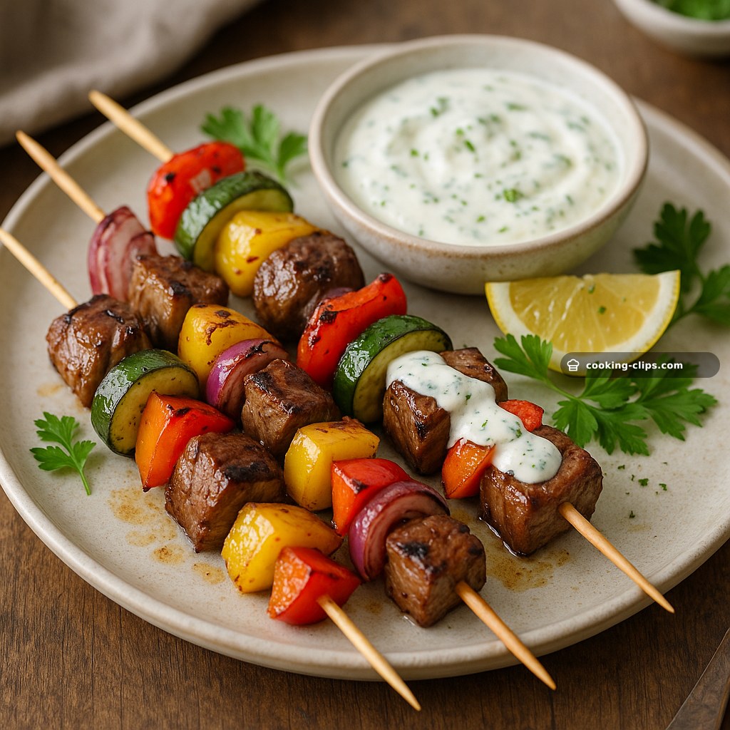 Beef & Grilled Vegetable Skewers with Lemon-Herb Yogurt Sauce — Lunch recipe