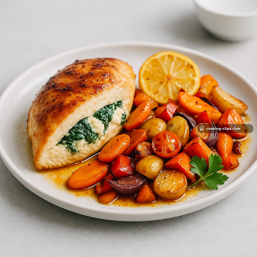 Spinach and Feta Stuffed Chicken Breast with Lemon-Garlic Roasted Vegetables