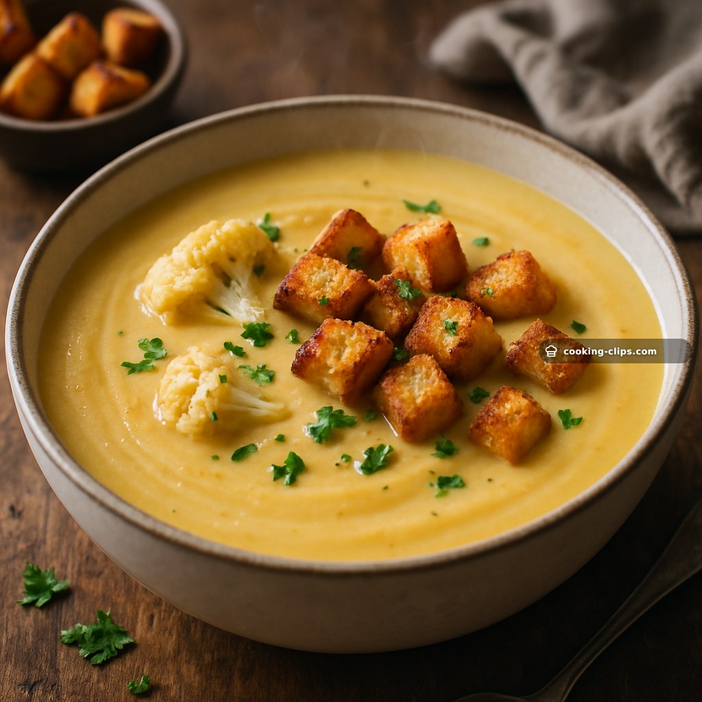 Creamy Cauliflower & Cheddar Soup with Garlic Croutons — Lunch recipe