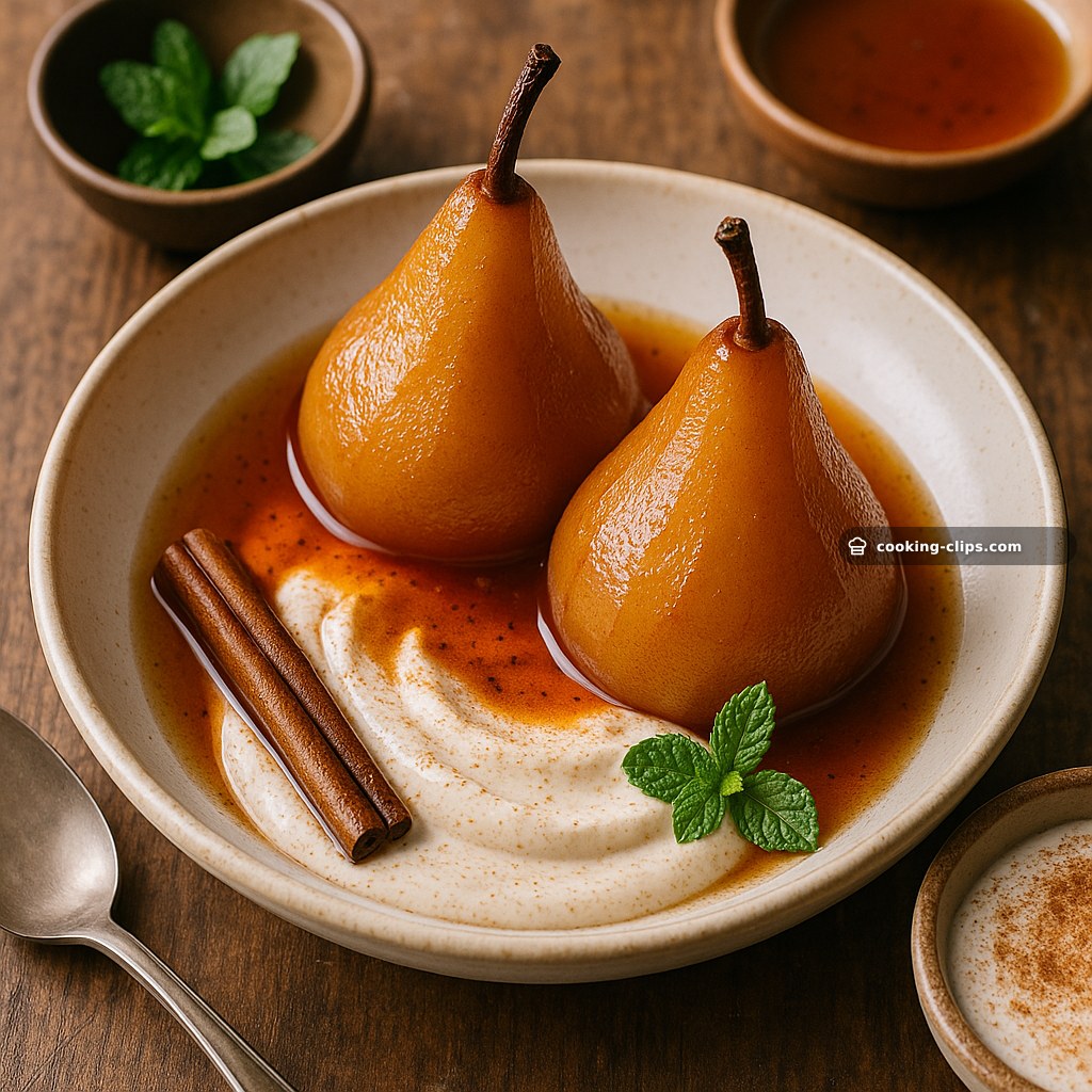 Poached Pears with Cinnamon Greek Yogurt — Dessert recipe