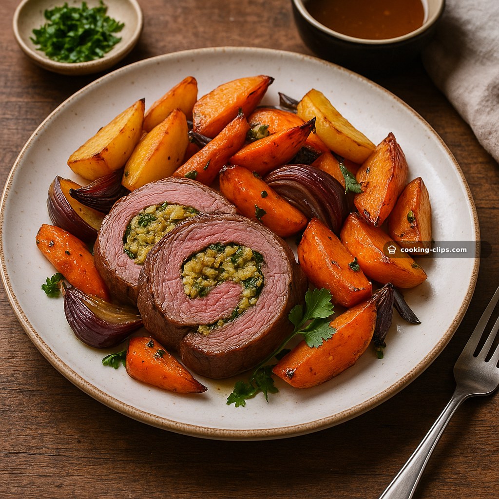 Stuffed Roast Beef Steak with Herb-Garlic Stuffing & Tray-Baked Veg — Dinner recipe