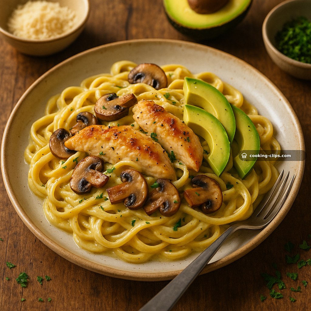 Creamy Avocado Chicken & Mushroom Fettuccine (Carbonara-Style) — Dinner recipe