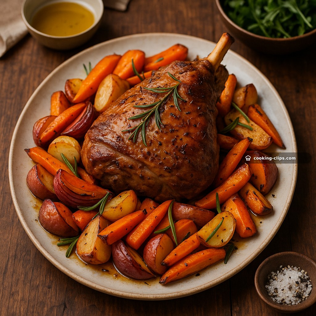 Roast Leg of Lamb with Baked Seasonal Vegetables — Dinner recipe