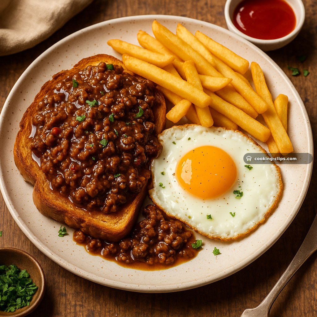 Savoury Beef Mince on Toast with Fried Egg & Chips — Lunch recipe