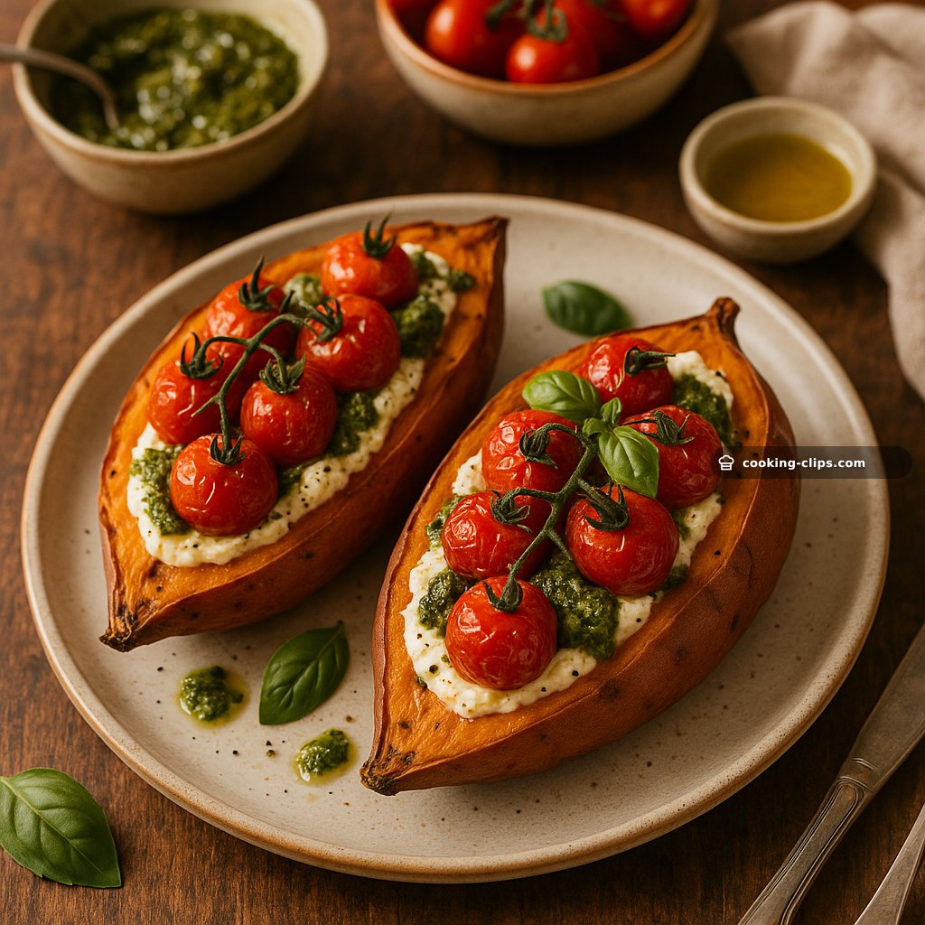 Roasted Sweet Potatoes Stuffed with Ricotta, Cherry Tomatoes & Pesto — Dinner recipe