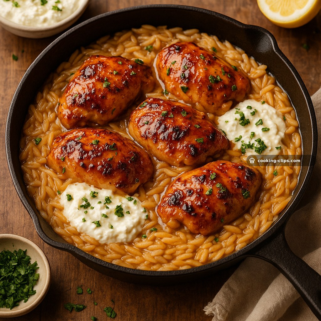 Honey Garlic Chicken with Feta Sauce Orzo Skillet — Dinner recipe