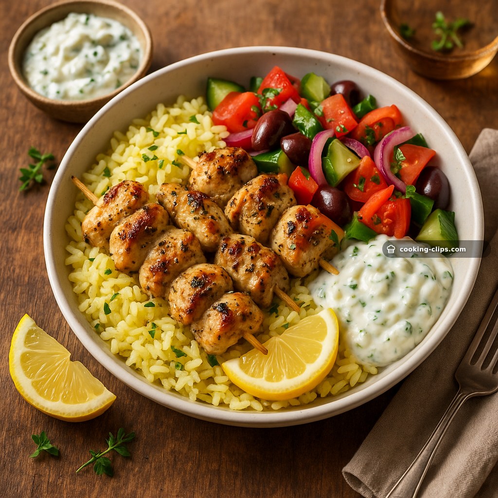Chicken Souvlaki Bowls with Lemon-Oregano Rice & Tzatziki — Dinner recipe