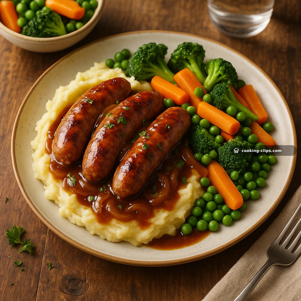 Bangers & Onion Gravy with Mash and Mixed Veg — Dinner recipe