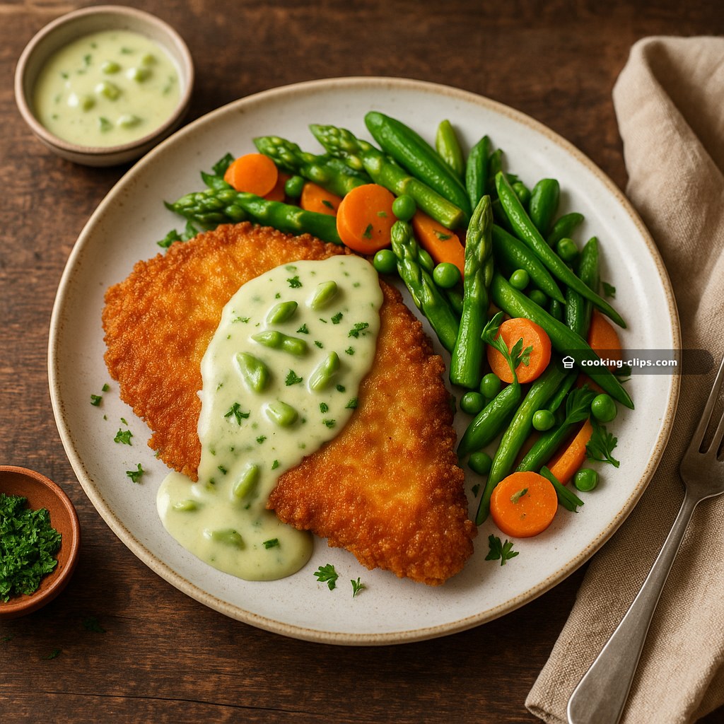 Chicken Schnitzel mit Cremiger Spargelsauce & Frühlingsgemüse — Dinner recipe