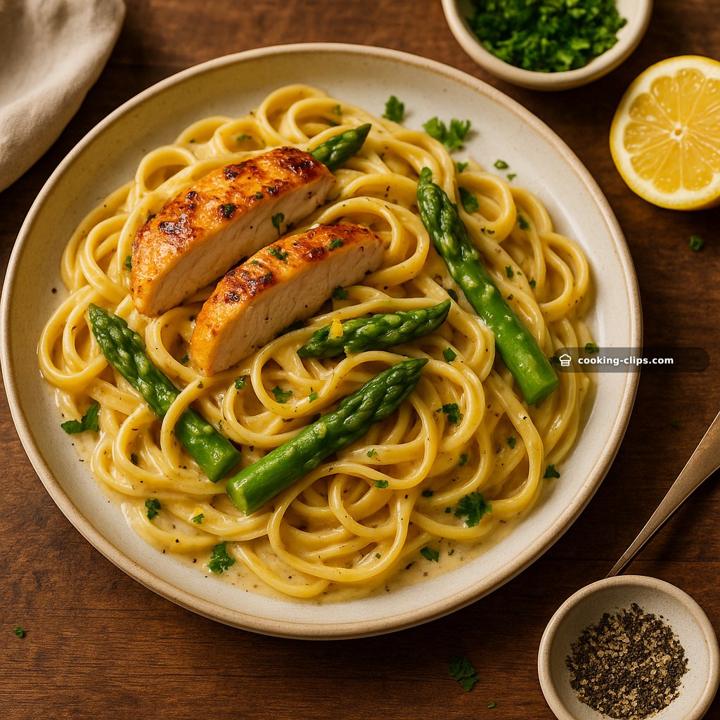 Creamy Lemon Garlic Chicken & Asparagus Fettuccine — Dinner recipe