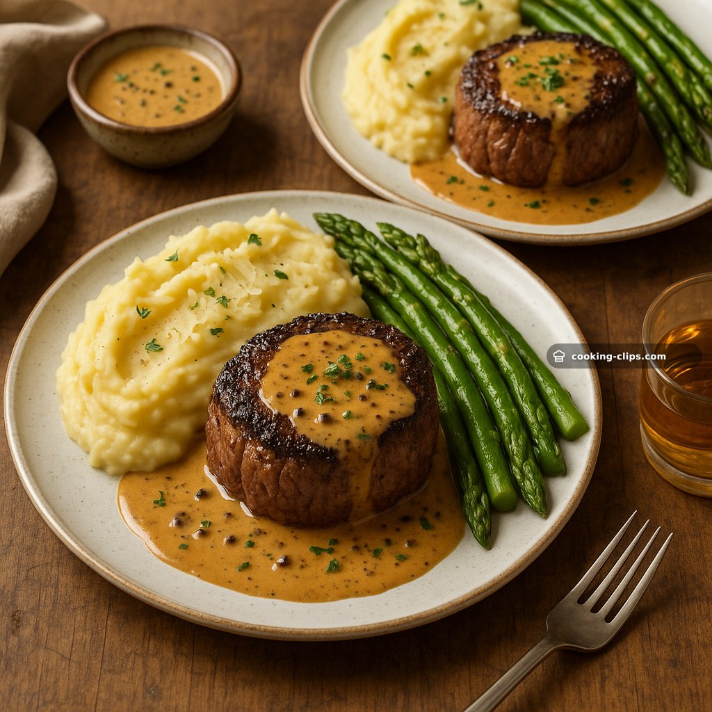 Filet Mignon au Poivre with Silky Parmesan Mash & Buttered Asparagus — Dinner recipe