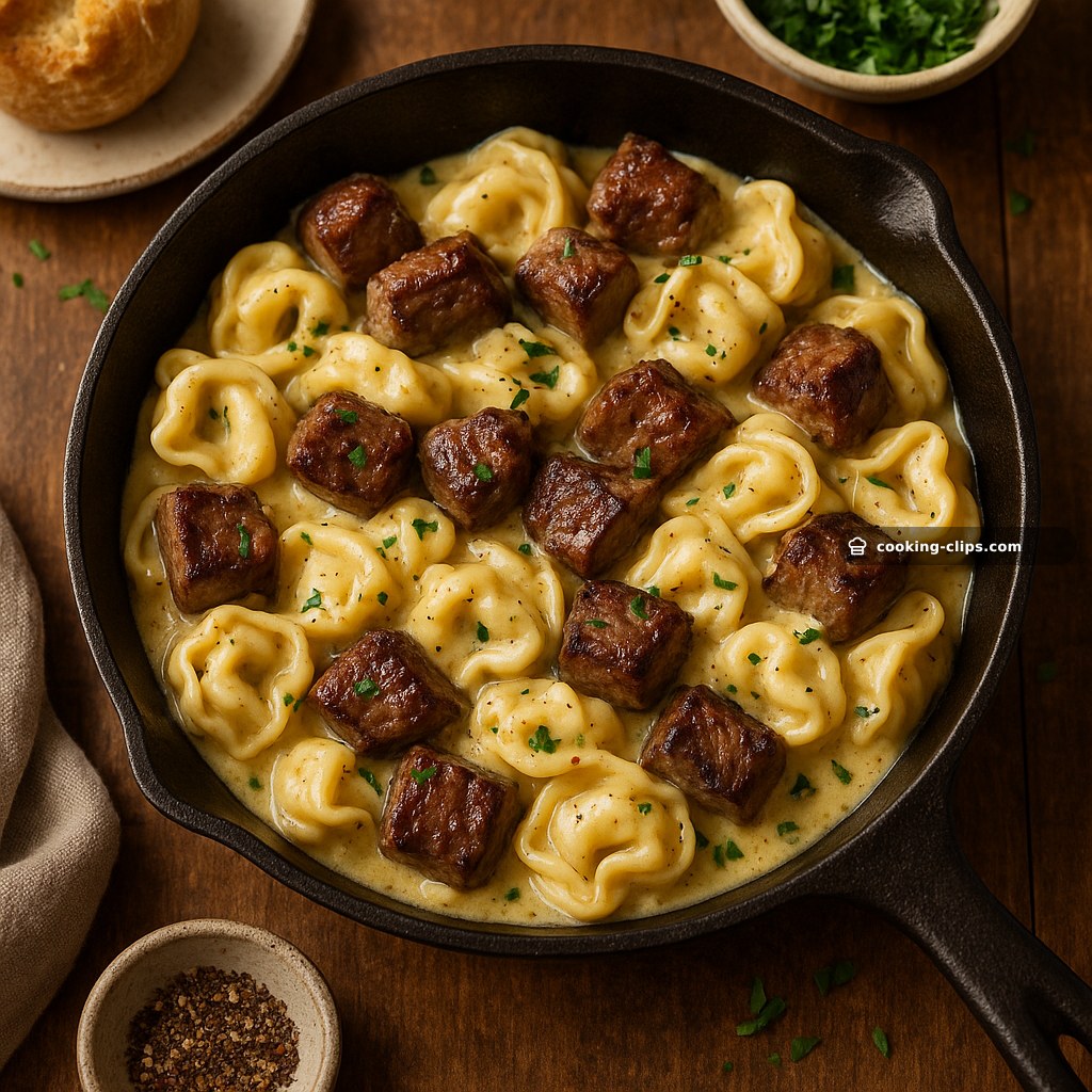 Rich Garlic Cream Tortellini with Sautéed Steak Bites — Dinner recipe