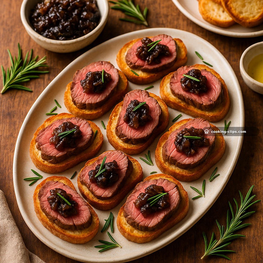 Rosemary-Garlic Beef Tenderloin Crostini Platter (with Charred Onion Relish) — Dinner recipe