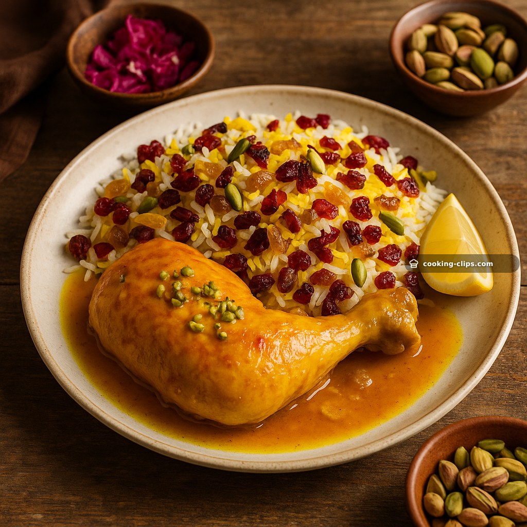 مرغ زعفرانی با گلاب و برنج نگین‌دار (Persian Saffron & Rosewater Chicken with Jewel-Toned Rice) — Dinner recipe