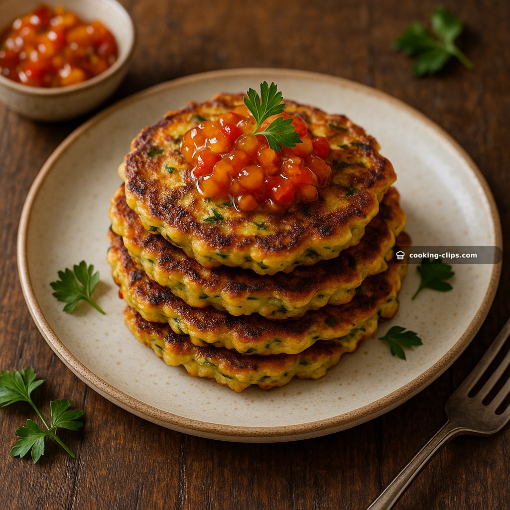 Zucchini & Corn Fritter Stack with Sweet Relish — Lunch recipe