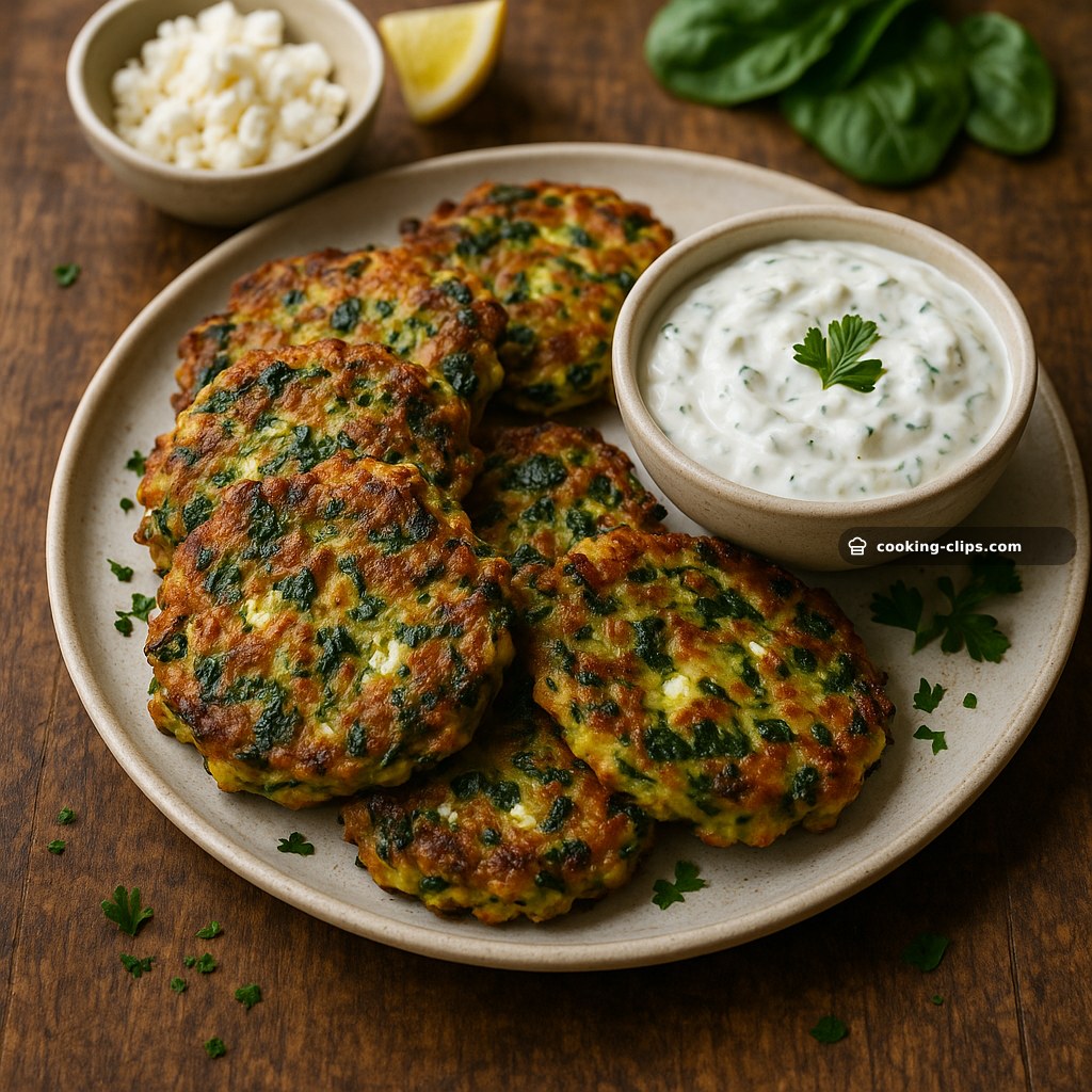 Zucchini, Feta, and Spinach Fritters with Garlic Tzatziki — Snack recipe