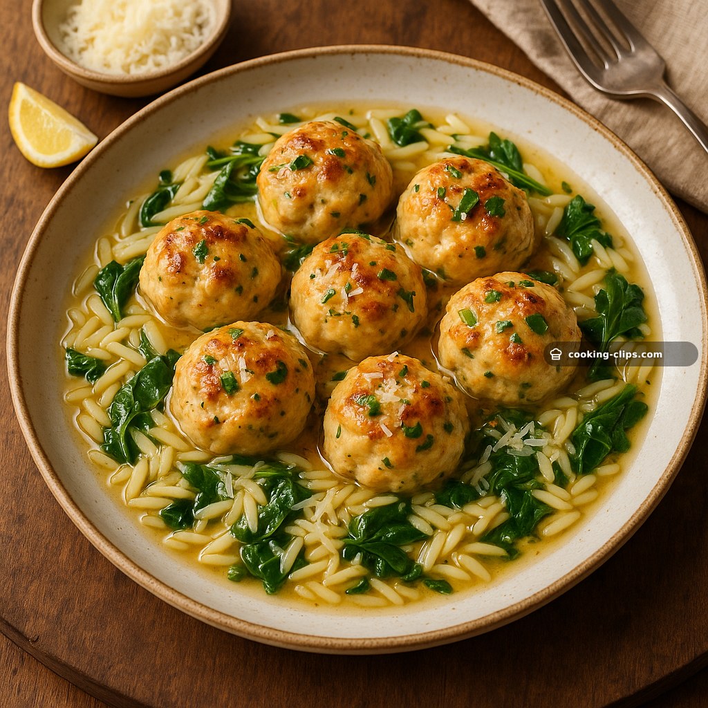 Chicken Ricotta Meatballs Over Spinach Orzo — Dinner recipe