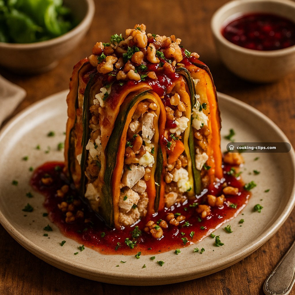 Vertical Chicken & Vegetable Lasagna with Feta, Walnuts & Cranberry Honey Glaze — Dinner recipe