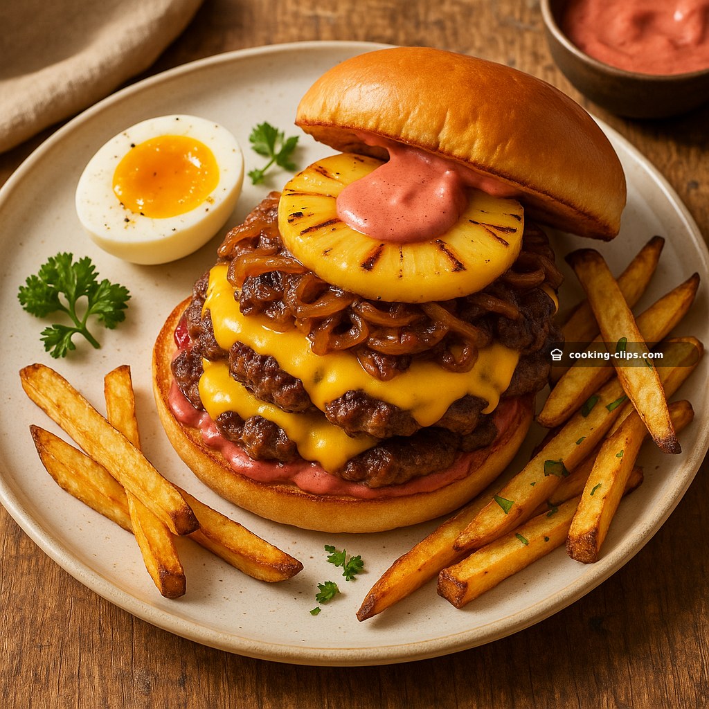 Pineapple-Beet “Animal-Style” Burger with Crispy Fries & Jammy Egg — Dinner recipe