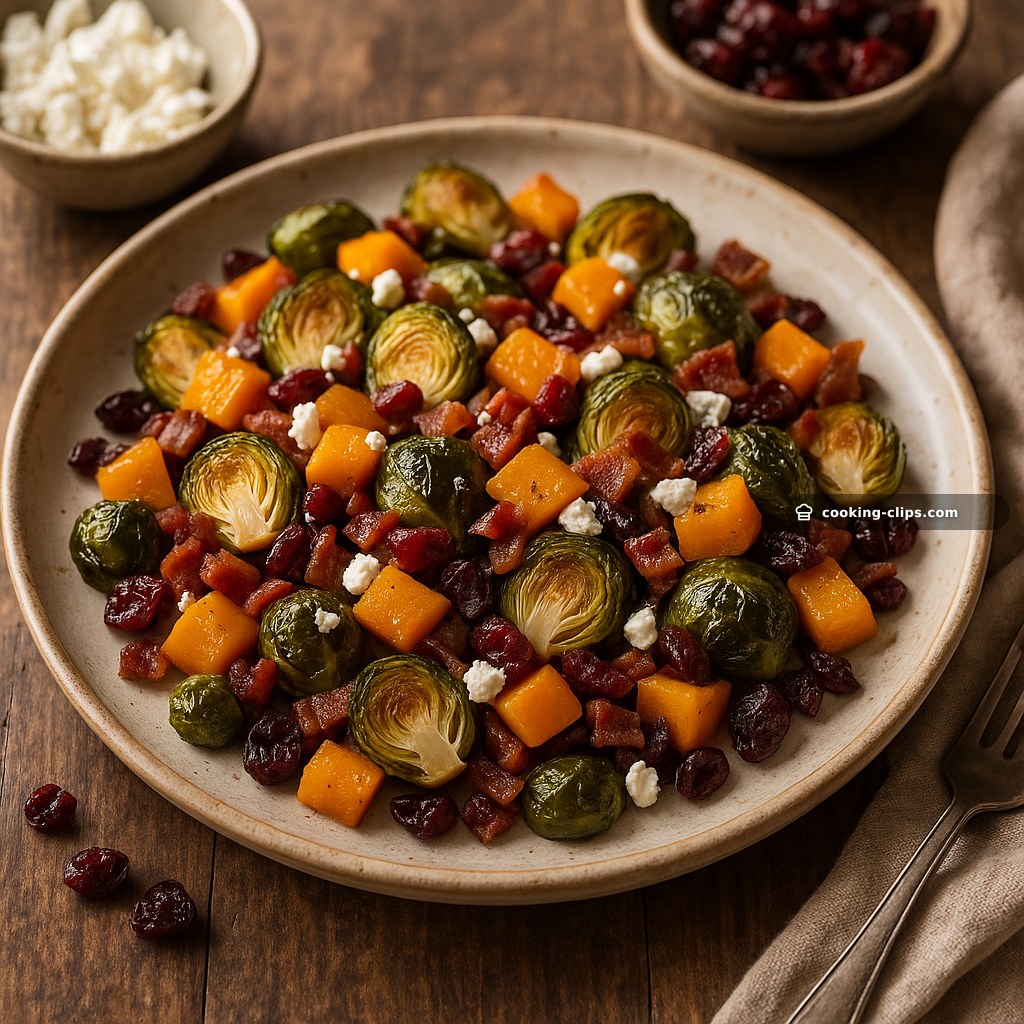 Roasted Brussels Sprouts and Butter Nut Squash with Bacon Cranberries and Goat Cheese — Dinner recipe