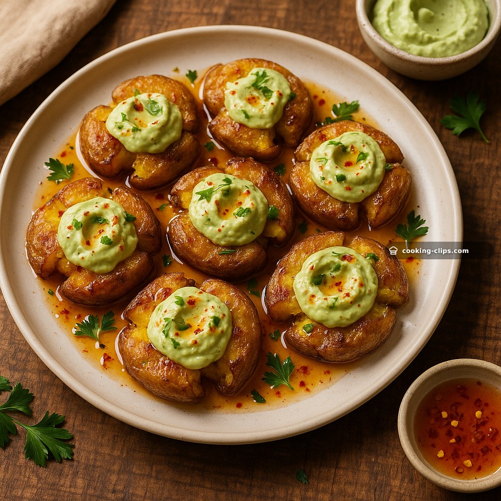 Smashed Potatoes with Creamy Avocado and Chili Honey — Snack recipe