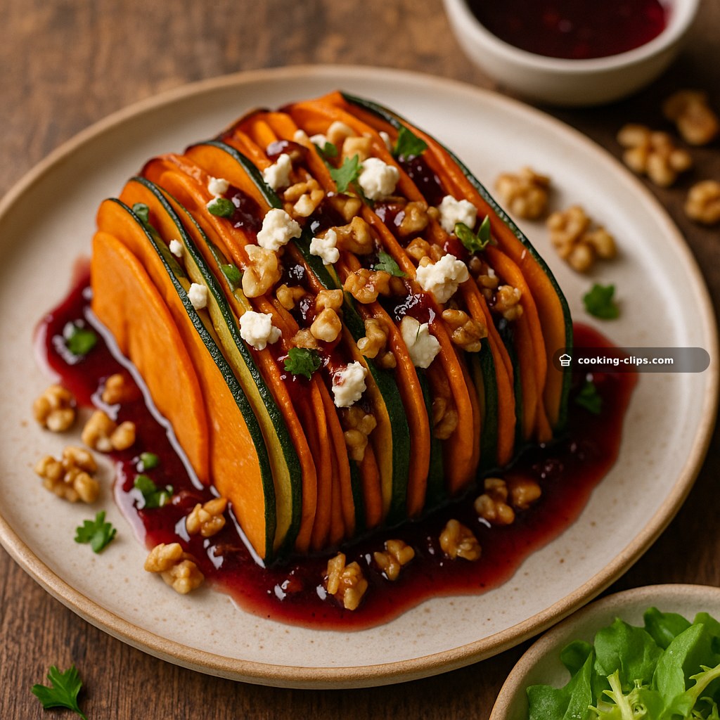 Layered Sweet Potato, Butternut Squash, Carrot & Zucchini “Standing” Lasagna with Feta, Walnuts & Cranberry Honey Glaze — Dinner recipe
