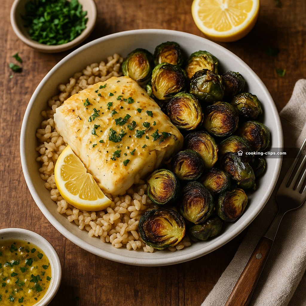 Lemon Garlic Butter Cod Bowls with Roasted Brussels Sprouts — Dinner recipe